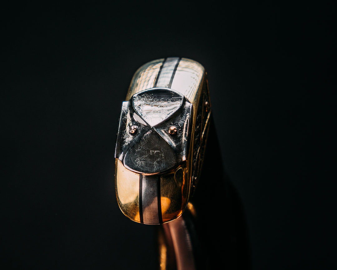 Half Face Blades X Dire Pacific Giveaway - Recurve Fighter - 400 Layered Dire Pacific Forged Damascus - Brass Bolster w/ Crystallized Titanium Guard Inlay, African Blackwood, Solid Brass Pommel, Crystalized Titanium Pommel Cap, Bronze Pins, Textured Grip.