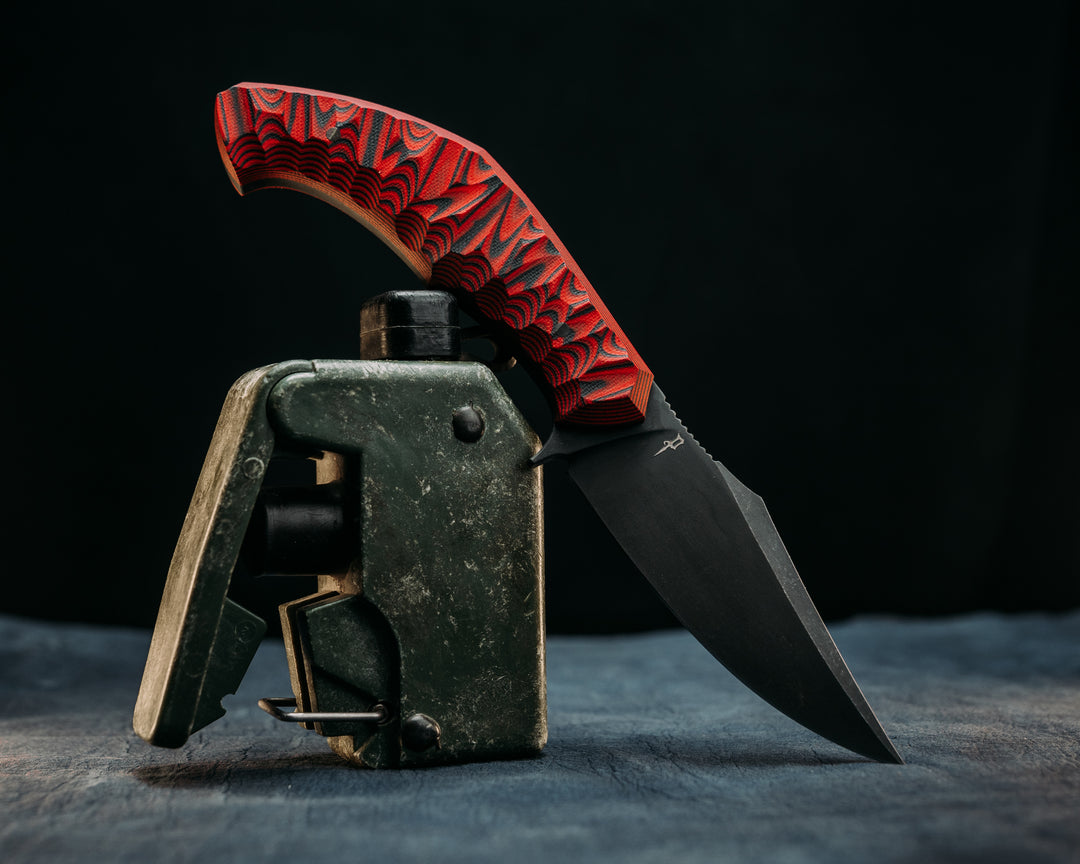 Half Face Blades X Dire Pacific Giveaway - Recurve Fighter - 400 Layered Dire Pacific Forged Damascus - Brass Bolster w/ Crystallized Titanium Guard Inlay, African Blackwood, Solid Brass Pommel, Crystalized Titanium Pommel Cap, Bronze Pins, Textured Grip.