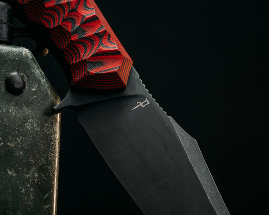 Half Face Blades X Dire Pacific Giveaway - Recurve Fighter - 400 Layered Dire Pacific Forged Damascus - Brass Bolster w/ Crystallized Titanium Guard Inlay, African Blackwood, Solid Brass Pommel, Crystalized Titanium Pommel Cap, Bronze Pins, Textured Grip.