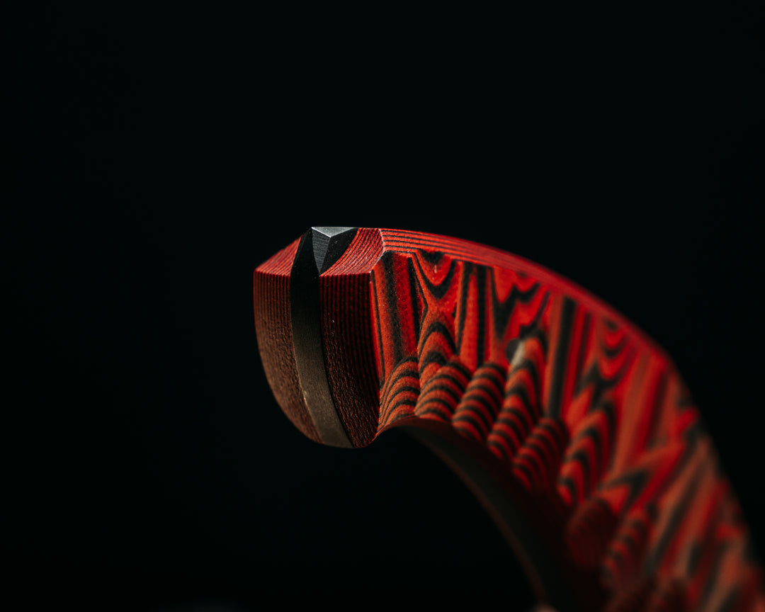 Half Face Blades X Dire Pacific Giveaway - Recurve Fighter - 400 Layered Dire Pacific Forged Damascus - Brass Bolster w/ Crystallized Titanium Guard Inlay, African Blackwood, Solid Brass Pommel, Crystalized Titanium Pommel Cap, Bronze Pins, Textured Grip.