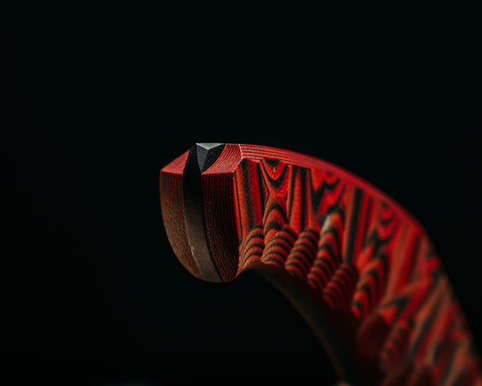 Half Face Blades X Dire Pacific Giveaway - Recurve Fighter - 400 Layered Dire Pacific Forged Damascus - Brass Bolster w/ Crystallized Titanium Guard Inlay, African Blackwood, Solid Brass Pommel, Crystalized Titanium Pommel Cap, Bronze Pins, Textured Grip.