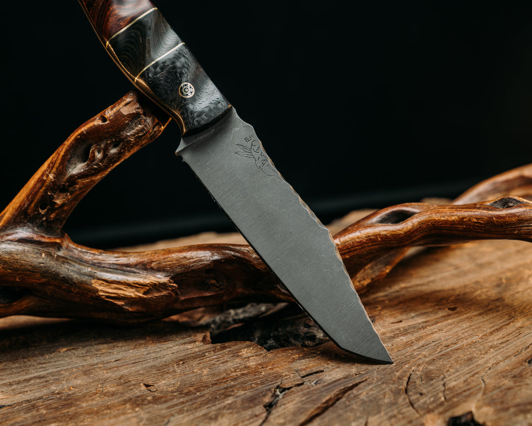 Half Face Blades X Dire Pacific Giveaway - Recurve Fighter - 400 Layered Dire Pacific Forged Damascus - Brass Bolster w/ Crystallized Titanium Guard Inlay, African Blackwood, Solid Brass Pommel, Crystalized Titanium Pommel Cap, Bronze Pins, Textured Grip.