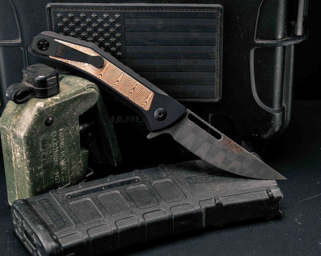 Custom Kwaiken Folder- Vegas Forge Ladder Damascus- Vegas Forge Ladder Mokume Inlay, Anodized Black Handle, Smooth Grip, Deep Carry Pocket Clip
