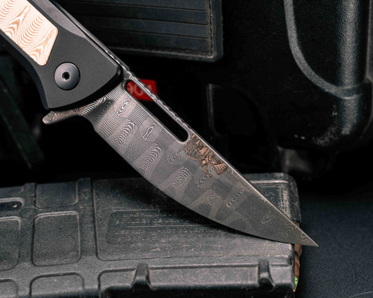 Custom Kwaiken Folder- Vegas Forge Ladder Damascus- Vegas Forge Ladder Mokume Inlay, Anodized Black Handle, Smooth Grip, Deep Carry Pocket Clip