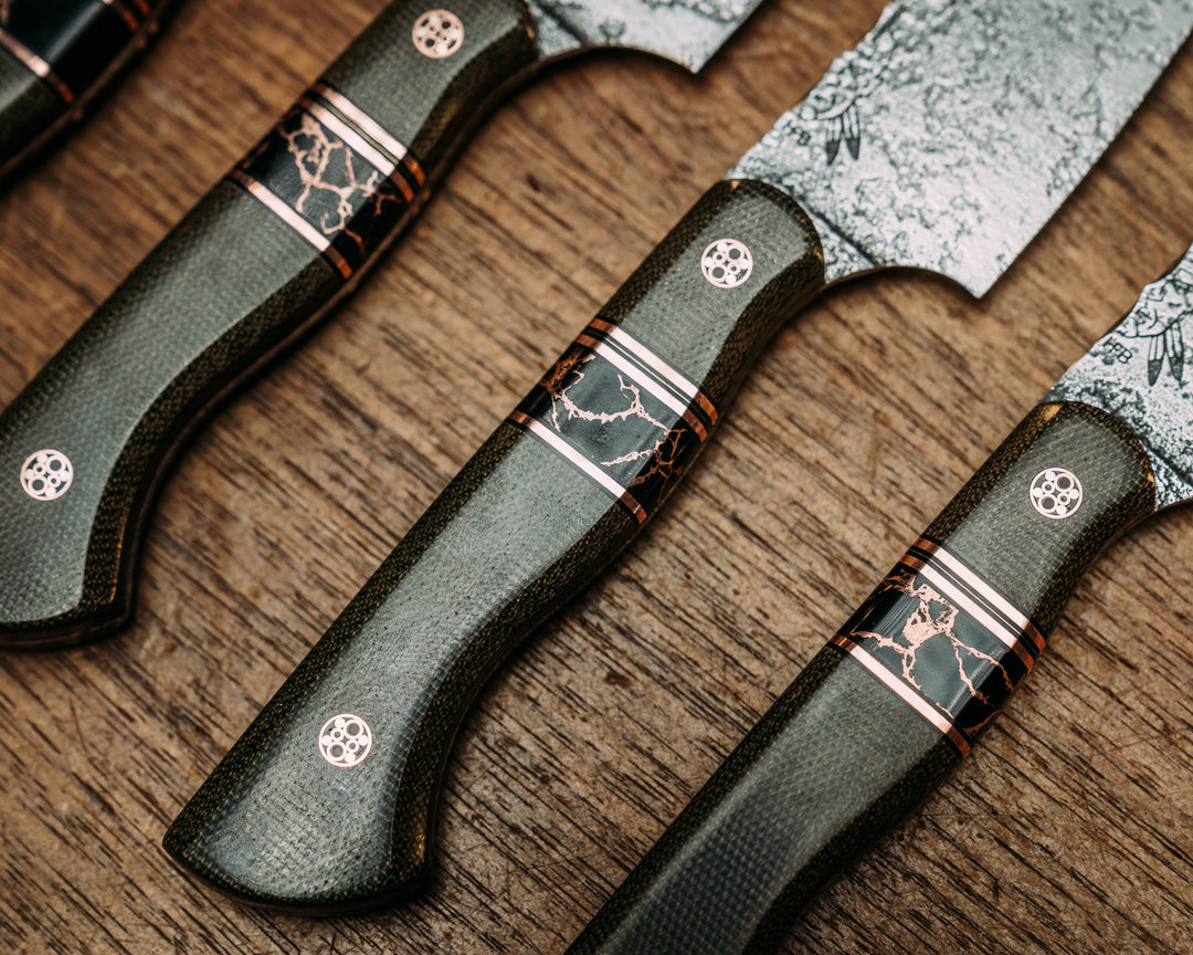 Steak Knife Set (4 Pc) - OD Green Canvas Micarta, Black G10 & Copper Pin Striping, Black w/ Copper Web Tru Stone Split, Mosaic Pins, Smooth Grip.