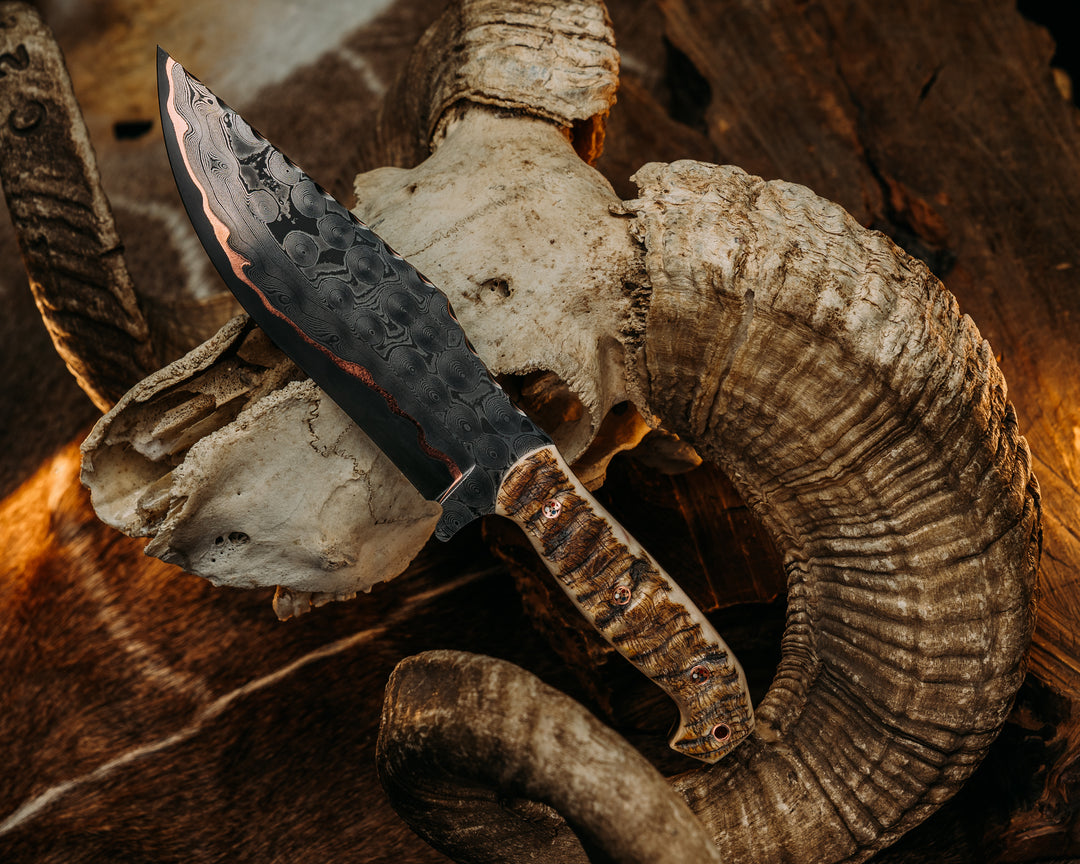 American Bowie Jr.- Baker Forge GoMai CuShim- Raindrop (CoreLine)- Ram's Horn, Copper Patriot Mosaic Pins, Copper Lanyard Pin, Textured Grip