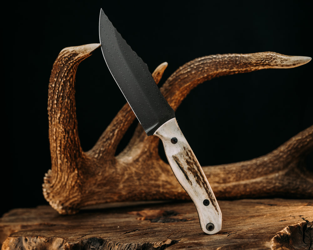 Crow Scout- Vegas Forge Herringbone Damascus- Elk Antler, Mosaic Pins, Aluminum Lanyard Pin with Glow Resin, Textured Grip