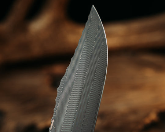 Crow Scout- Vegas Forge Herringbone Damascus- Elk Antler, Mosaic Pins, Aluminum Lanyard Pin with Glow Resin, Textured Grip
