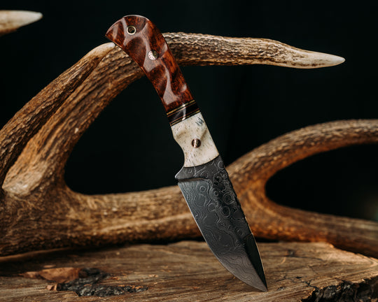 Cavner- Baker Forge Polished Random Pattern Damascus- Giraffe Bone, Black G10, Brass and Cherry G10 Pin Striping, Brown Canvas Micarta Split, Snakewood, Old School CAV Logo Mosaic Pins, Brass Lanyard Pin, Textured Grip