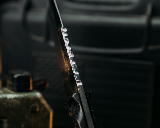 Cavner- Baker Forge GoMai CuShim (DamCore) Raindrop Pattern- Carbon Fiber, Brass Pin Striping, American Flag and Navy S.E.A.L AOR2 Cammie Micarta Split, Mosaic Pins, Brass Lanyard Pin, Textured Grip