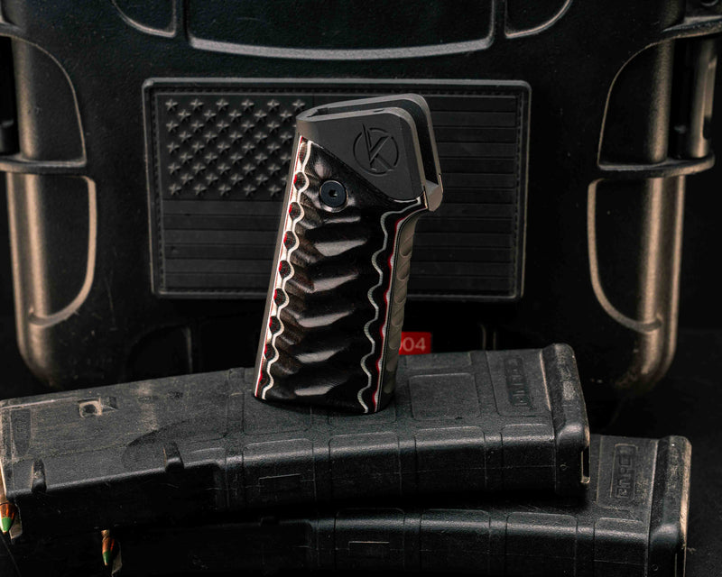 HFB x Kinetic AR Grip System - Layered Desert Ironwood, White G10, Black G10, Ruby G10, Cherry G10 and White G10, Armor Black Cerakote, Snake Grip.
