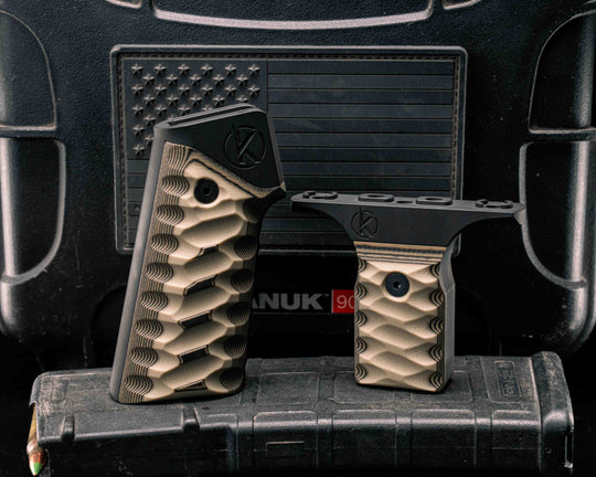 HFB x Kinetic AR Grip System SET - Desert Tan G10 over Black and Coyote Layered G10, Armor Black Cerakote Armor Black Frames, Snake Textured Grip
