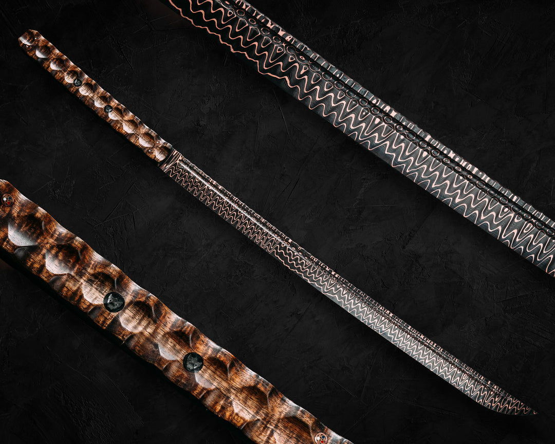 Katana- Baker Forge Fury Ladder CopperMai- Hawaiian Curly Koa, Copper Patriot Mosaic Pins, 3/8" Mosaic Pins, Textured Grip