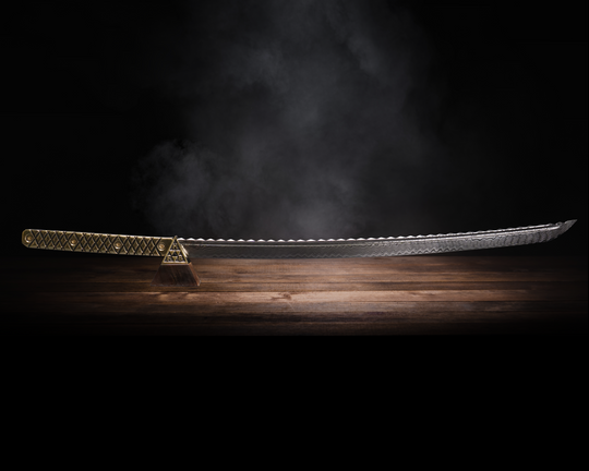 Katana - Baker Forge Matrix Stainless Steel Damascus - Hand Carved & Shaped Solid Brass, Brass Allen Bolts, Textured Grip w/ Stand, Hawaiian Curly Koa with Solid Brass Cap & Obsidian Stone Inlay