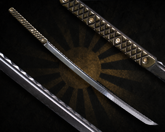 Katana - Baker Forge Matrix Stainless Steel Damascus - Hand Carved & Shaped Solid Brass, Brass Allen Bolts, Textured Grip w/ Stand, Hawaiian Curly Koa with Solid Brass Cap & Obsidian Stone Inlay