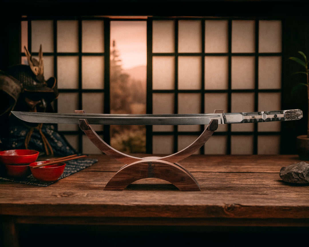 Katana- Baker Forge Raindrop Damascus - Meteorite Over Carbon Fiber, Black G10 & Stainless Steel Pin Striping, Hawaiian Curly Koa & African Bog Oak, Carbon Fiber Split, CO Elk, HFB Mosaic Pins, 1/8" Mosaic Pins