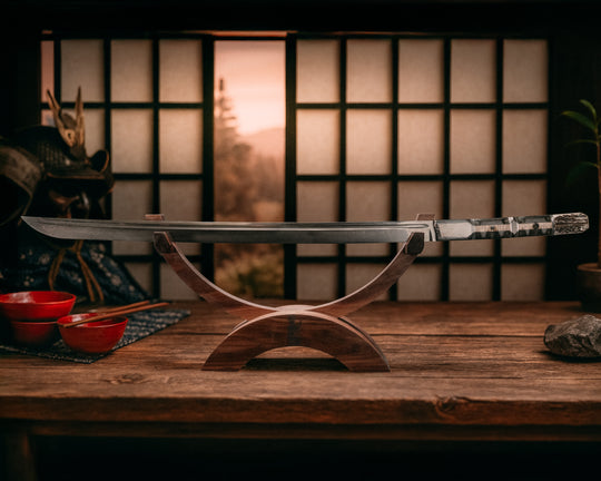 Katana- Baker Forge Raindrop Damascus - Meteorite Over Carbon Fiber, Black G10 & Stainless Steel Pin Striping, Hawaiian Curly Koa & African Bog Oak, Carbon Fiber Split, CO Elk, HFB Mosaic Pins, 1/8" Mosaic Pins