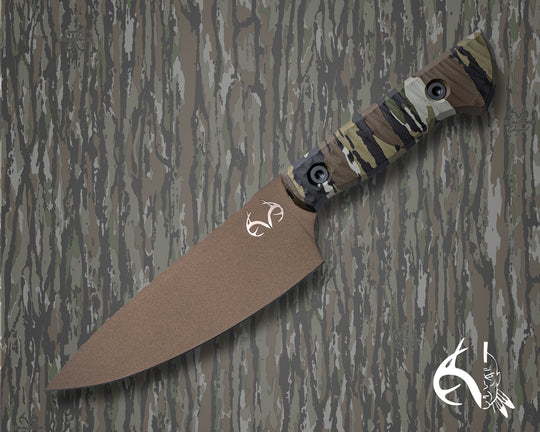 Chef Jr (HFB x Realtree) - Realtree Original Camo Hydro-dipped Micarta, Midnight Bronze Cerakote, Allen Bolts, Textured Grip.
