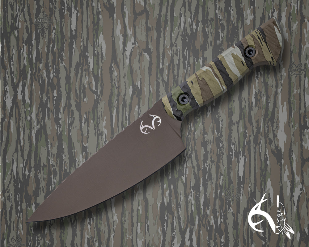 Chef Jr (HFB x Realtree) - Realtree Original Camo Hydro-dipped Micarta, Plum Brown Cerakote, Allen Bolts, Textured Grip.